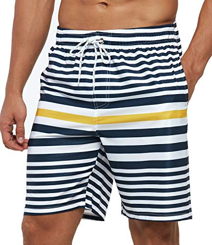 SILKWORLD Mens Swimming Shorts Quick Dry Athletic Beach Trunks with Mesh Lining, Striped_Navy/White/Yellow, US Medium