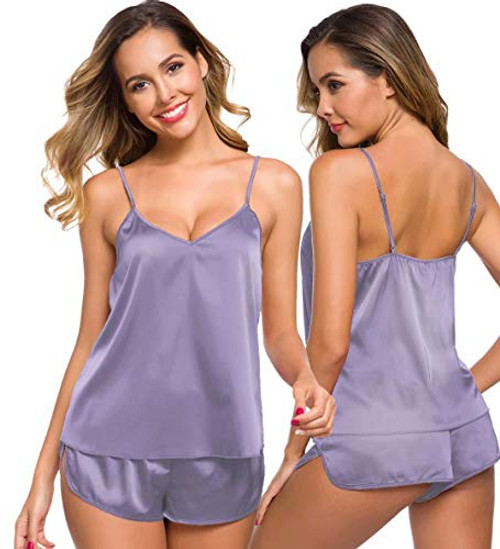 SWOMOG Womens Sexy Lingerie Silk Satin Pajamas Cami Shorts Set Sleepwear Lavender