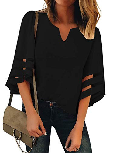 Women's V Neck Mesh Panel Blouse 3/4 Bell Sleeve Loose Top Shirt Chiffon Blouse Tops (X-Large, Black)