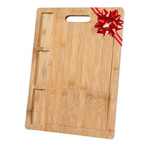 Large Bamboo Cutting Board with Juice Groove  and  Built-in Compartments (17x12.6)  Heavy Duty Kitchen Chopping Board for Meat Cheese  and  Vegetables  Organic Butcher Block   Serving Tray   Carving Board