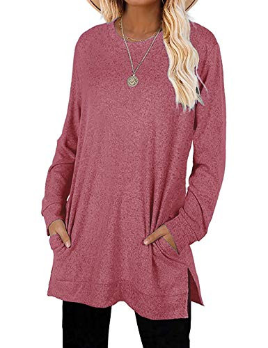 LERUCCI Women's Loose Fashion Sweatshirt Long Sleeve Fall Pullover Side Split Casual Tunic Tops Red with Pockets XXL