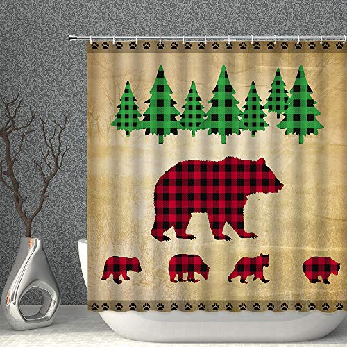 AMNYSF Plaid Bear Shower Curtain Buffalo Check Bears Forest Pine Trees Abstract Cartoon Decor Fabric Bathroom Curtains,Polyester with Hooks 70x70 Inch