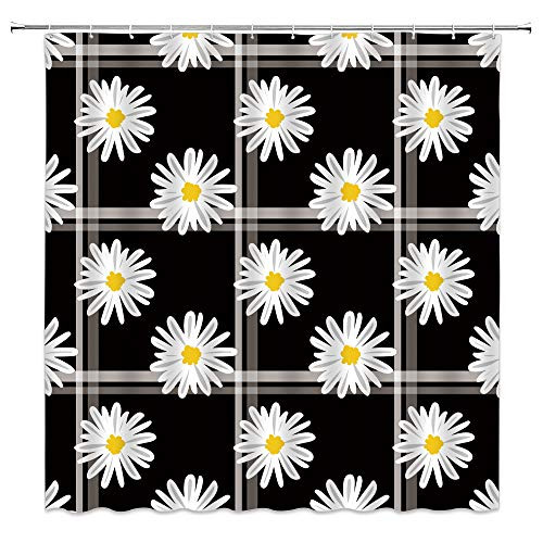 Daisy Shower Curtain White Daisy Flower on Rustic Buffalo Check Plaid Spring Floral Nature Botanical Farmhouse Romance Creative Retro Garden Bathroom Curtains Decor Fabric 70x70 Inches with Hooks