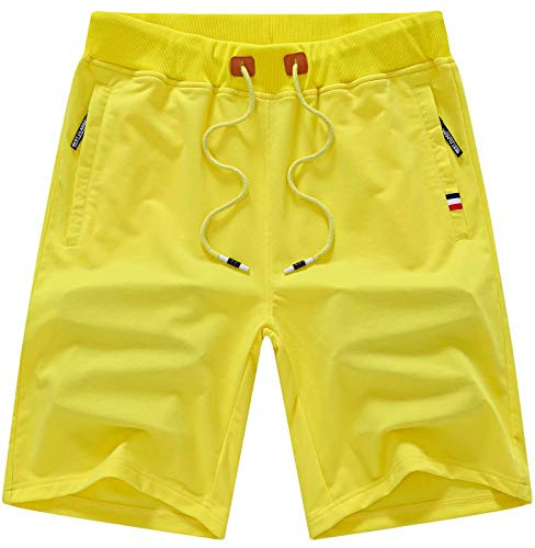 Tyhengta Mens Shorts Casual Drawstring Elastic Waist Workout Shorts with Zipper Pockets Yellow 34