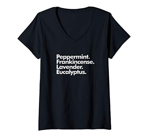 Womens Peppermint Frankincense Lavender Eucalyptus Essential Oils V-Neck T-Shirt