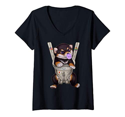 Womens Black Tan Shiba Inu Dog in Baby Carrier with Pacifier V-Neck T-Shirt