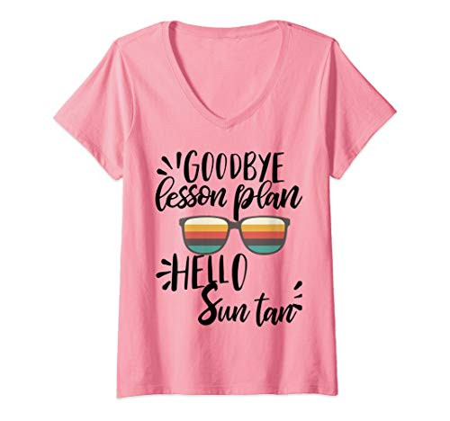 Womens goodbye lesson plan hello sun tan gift teacher V-Neck T-Shirt