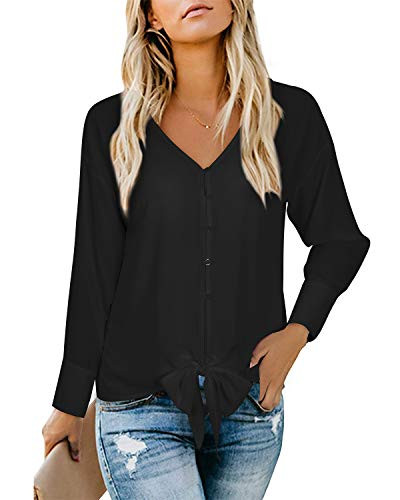 OUGES Women Button Front Shirts Casual V Neck Tops Long Sleeve Blouse with Tie(Black,L)