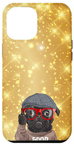 iPhone 12 Pro Max Black Pug Red Glasses Yellow Star Pattern Case