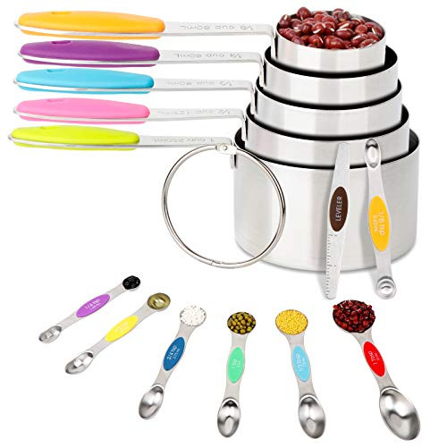 OurWarm Measuring Cups and Magnetic Measuring Spoons Set of 13, Stainless Steel Measuring Cups and Spoons for Cooking  and  Baking, 5 Measuring Cups  and  7 Double Sided Magnetic Measuring Spoons  and  1 Leveler