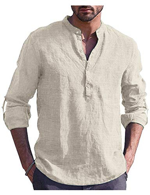 Tinkwell Men's Linen Shirt Long Sleeve Casual Henley Shirts Beach Summer T Shirts Beige M