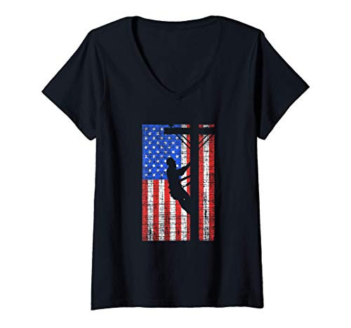 Womens Lineworker American Flag Electric Cable - Lineman V-Neck T-Shirt