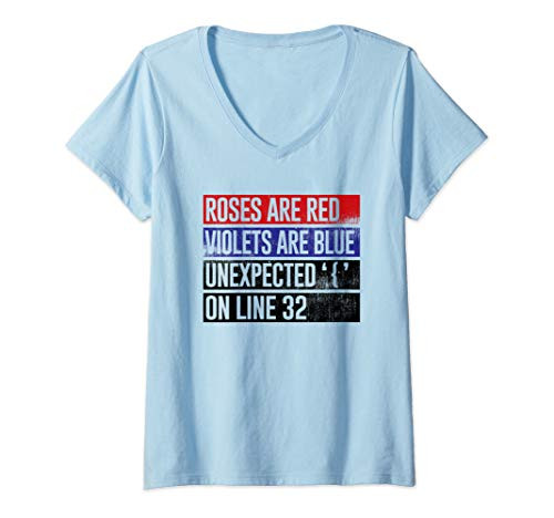 Womens Funny Coding Roses Violets Poem Unexpected ' ' on Line 32 V-Neck T-Shirt