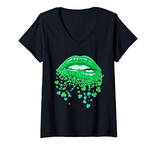 Womens Green Lips Biting Sexy Irish Costume St Patricks Day V-Neck T-Shirt