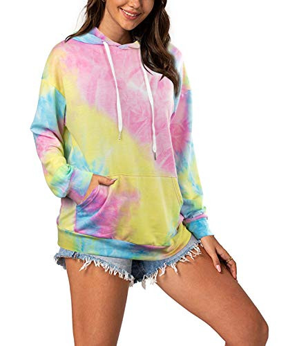 CHAMA Women Long Sleeve Hoodie Tie Dye Printed Sweatshirts Drawstring Pullover Tops with Pocket Casual Sweatshirt Blue-yellow