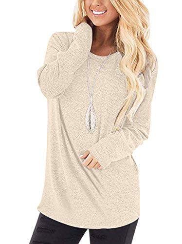 WNEEDU Women's Casual Long Sleeve Round Neck Loose Tunic T Shirt Blouse Tops (S,Beige)