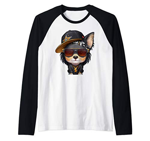 Black White  and  Tan Long Coat Chihuahua Hip-Hop Super Star Raglan Baseball Tee