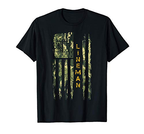 USA Camo Flag Electric Cable Lineman Silhouette Distressed T-Shirt