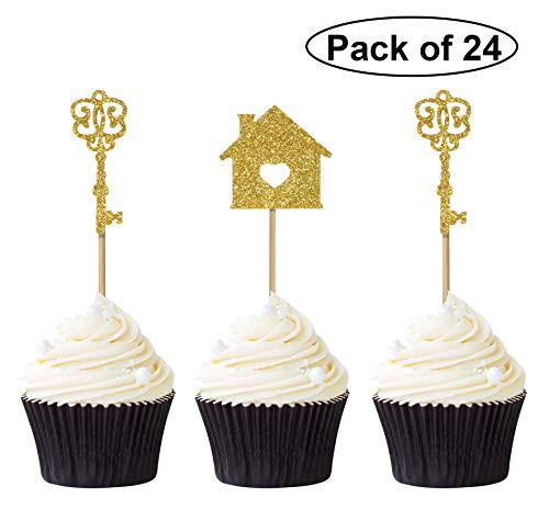 Pack of 24 Gold Glitter House and Key Cupcake Toppers Sweet Home Food Cake Picks Party Decorations