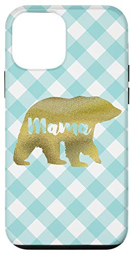 iPhone 12 mini Yellow Mama Bear Check Pattern Teal White Case