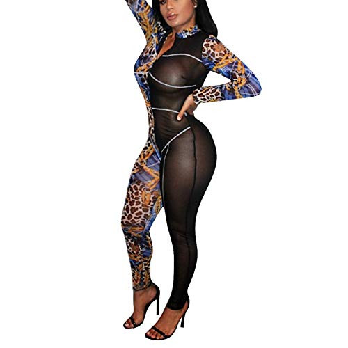 Womens One Piece Bodycon Jumpsuit Long Sleeves V Neck Zipper Floral Mesh See Through Sexy Club Outfits Rompers Jumpsuits XL Yellow Multicolor