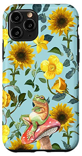 iPhone 11 Pro Frog On Mushroom Sunflower and Yellow Flowers Floral Pattern Case