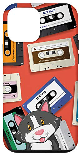 iPhone 12 mini Happy Grey Cat Vintage Retro Cassette Tape Pattern Case