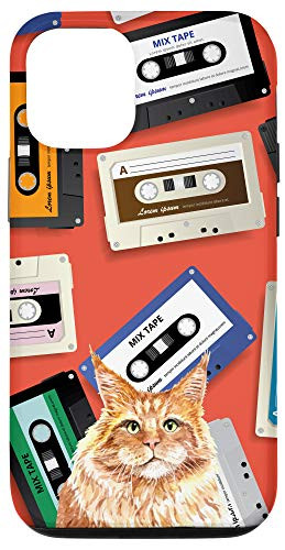 iPhone 12/12 Pro Orange Cat Vintage Retro Cassette Tape Pattern Animal Head Case