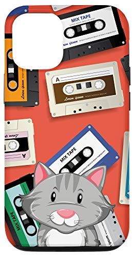 iPhone 12/12 Pro Grey Cat Vintage Retro Cassette Tape Pattern Animal Head Case