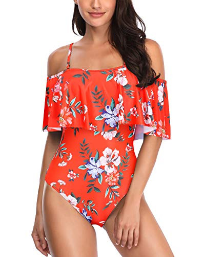 Tempt Me Women's Red Floral Off Shoulder One Piece Swimsuits Flounce Ruffle Bathing Suits XXL