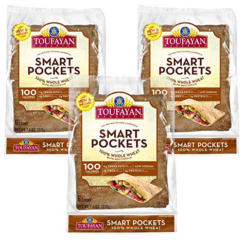 Toufayan Bakery, Whole Wheat Smart Pockets Pita Bread, Low Sodium, Low Calorie, Naturally Vegan, Cholesterol Free and Kosher (7.4oz Bags, 3 Pack)