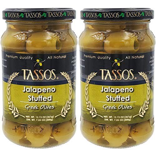 Tassos Jalapeno Stuffed Green Olives, Greek Olives, Net Wt 12.73 Ounce (2-Pack)