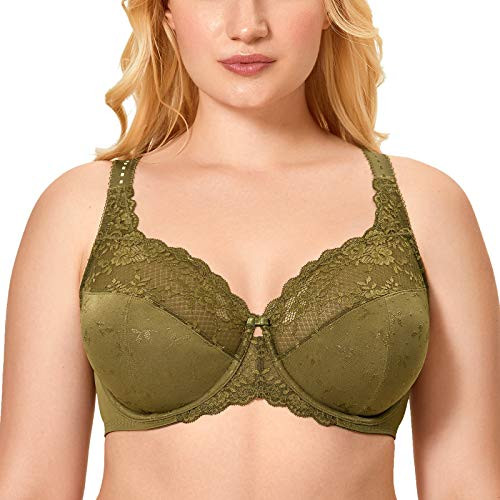 DELIMIRA Women's Plus Size Full Coverage Minimizer Lace Bra Underwire Unlined Yellow Olive 34H