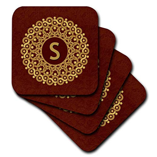 3dRose cst_32271_2 Monogram S Tan and Coffee Mandala on Warm Chocolate Muted Grunge Damask-Soft Coasters, Set of 8