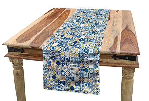 Ambesonne Yellow and Blue Table Runner, Mosaic Portuguese Azulejo Mediterranean Effect, Dining Room Kitchen Rectangular Runner, 16 inch X 90 inch, Mustard White