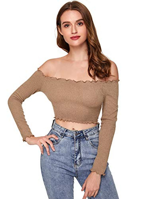 SheIn Women's Off Shoulder Long Sleeve Tshirts Frill Trim Rib-Knit Crop Tee Top Khaki Medium