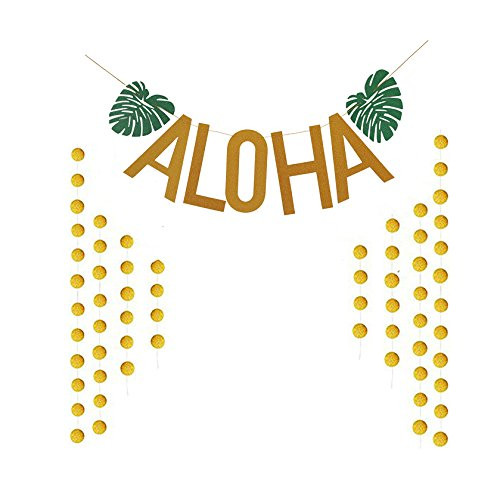 Gold Glitter Aloha Green Leaves Garland Banner for Hawaiian Tropical Luau Beach Summer Party Decoration Supplies with 2 Pack Gold Circle Dots Garland by Ucity