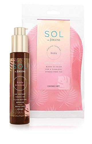 SOL by Jergens Self Tanner Body Bronzer, For All Unique Skin Tones, Sunless Tanning, 3.4 Ounce w/ Self Tanner Applicator Mitt, Flawless, Streak-free Tanning Blender Glove, Sunless Tanning