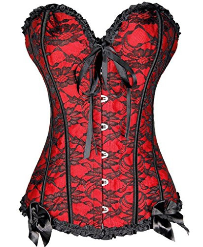 Kiwi-Rata Women's Plus Size Floral Trim Lace Up Boned Overbust Corset Waist Cincher Bustier,Medium,Red
