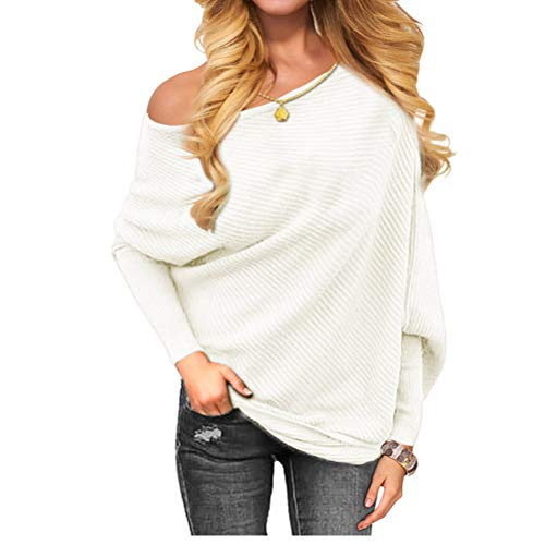 VOIANLIMO Women's Off Shoulder Knit Jumper Long Sleeve Pullover Baggy Solid Sweater White XL