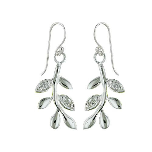 Tisoro 925 Solid Sterling Silver Cubic Zirconia Olive Branch Dangling Leaf Earrings, Dangle CZ Leaves