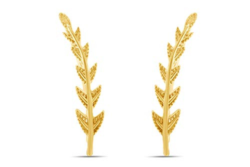 Ear Crawler Cuff Earrings 14k Yellow Gold Over Sterling Silver Ear Climber Studs Olive Leaf