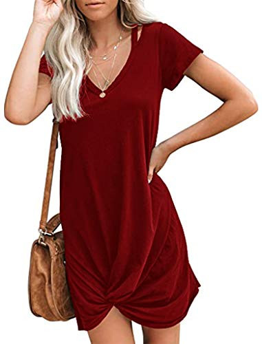 Locryz Women's Summer Short Sleeve Loose Fit Knot Dresses S Wine Red