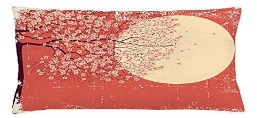 Ambesonne Spring Throw Pillow Cushion Cover, Cherry Blossom Sakura Tree Branches on Moon Japanese Style Illustration, Decorative Rectangle Accent Pillow Case, 36 inch X 16 inch, Yellow Coral