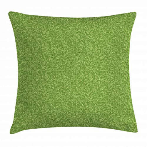 Ambesonne Green Throw Pillow Cushion Cover, Pattern with Hand Drawn Leaves Grassland Growth Ecology Vegetation, Decorative Square Accent Pillow Case, 18 inch X 18 inch, Lime Green