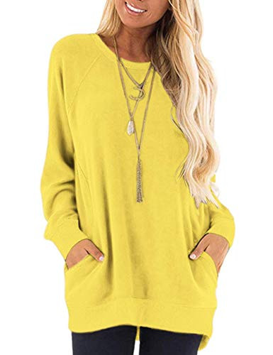 MISFAY Womens Casual Long Sleeve Round Neck Pocket T Shirts Blouses Tunic Sweatshirt Tops with Pocket (S, Yellow)