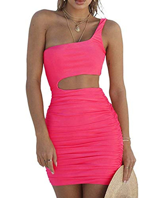 PRIMODA Women's Sexy One Shoulder Sleeveless Cutout Ruched Club Dress Bodycon Mini Dress (XS, Rose Pink)