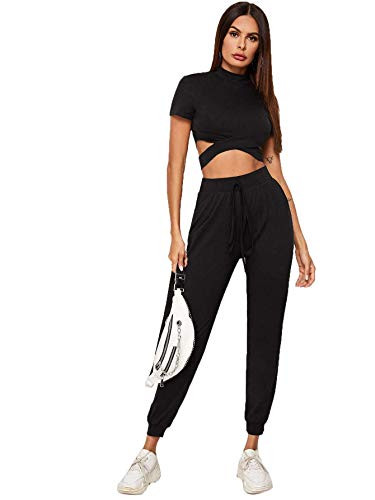 SweatyRocks Women's 2 Piece Outfits Cut Out Short Sleeve Crop Top and Sweatpants Set Tracksuits Black L