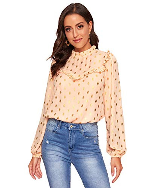 SOLY HUX Women's Frill Trim Long Sleeve Metallic Dots Print Top Blouse Pink S SOLY HUX Women's Frill Trim Long Sleeve Metallic Dots Print Top Blouse Pink S
