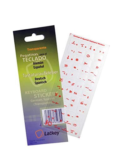 Spanish/German Keyboard Stickers for Laptop, MacBook Air/Pro, Desktop PC Computer, Mac (Keyboard Decals: red Letters on Transparent Background, Keyboard Cover Alternative for German or Spanish)